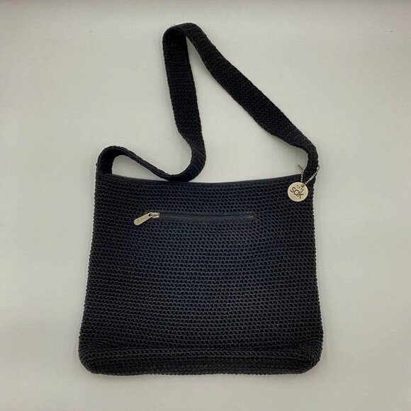 The Sak Crochet Handbag Black 12x10" Shoulder Bag Purse Carry Zipper Top - Picture 2 of 8